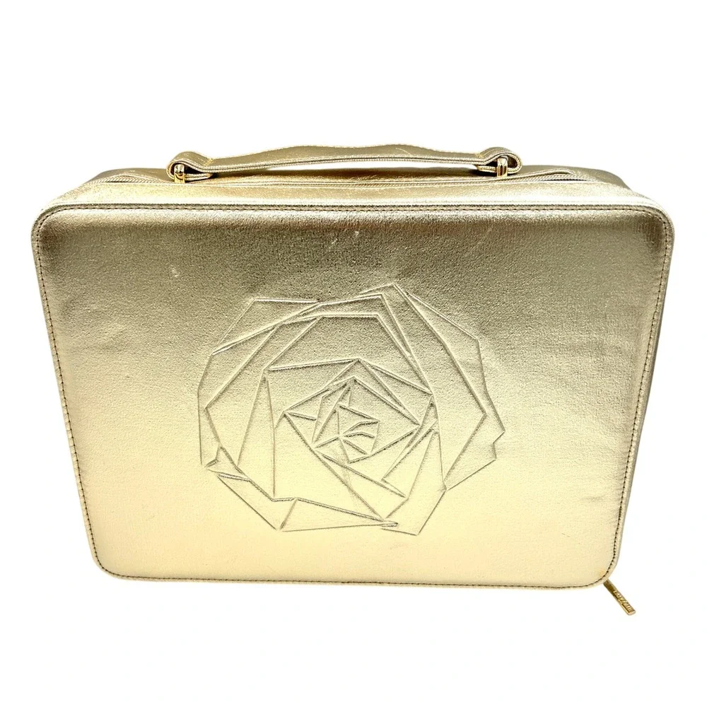 Lancome Makeup Train Case Travel Bag Gold Metallic Rose Vanity Decor Large NEW